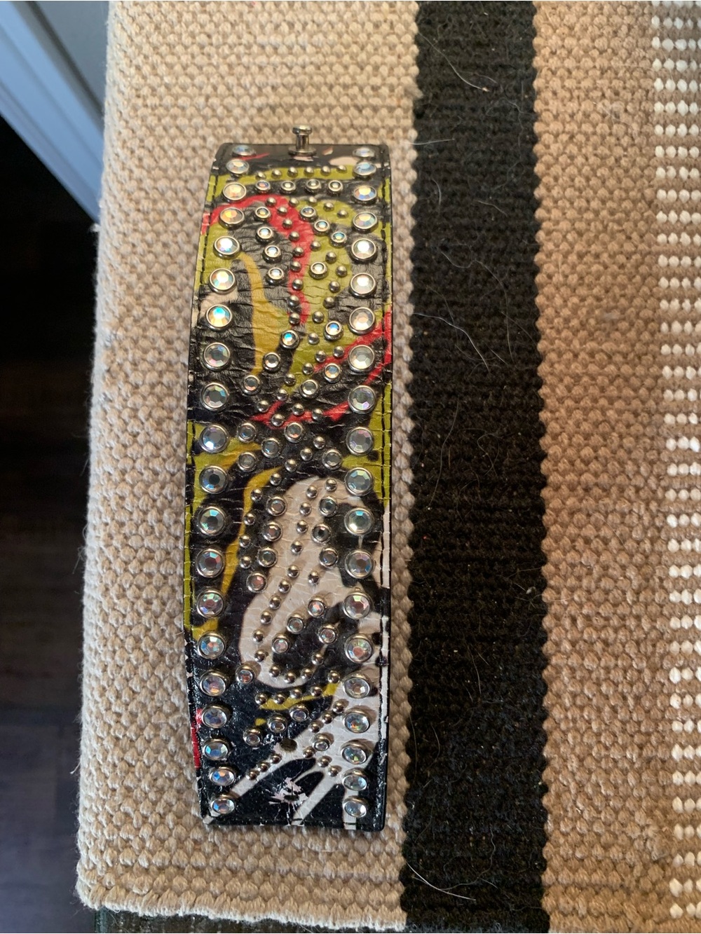 Embellished Studded Leather Bracelet - Multicolor Rhinestones